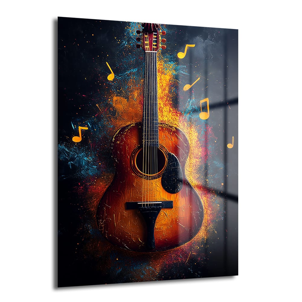 Melodinin Dansı: Enerjik Gitar Temalı Soyut Cam Tablo Duvar Dekoru Melodinin Dansı: Enerjik Gitar Temalı Soyut Cam Tablo, canlı renklerde soyut bir gitar figürü ve sarı notalarla müzikal bir dansı betimleyen modern bir duvar sanatı.