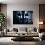 Yüzleşme: Mavi Maskelerin Gizemli Dansı Modern Cam Tablo Duvar Dekoru Yüzleşme: Mavi Maskelerin Gizemli Dansı Modern Cam Tablo Dekoratif Cam Tablo