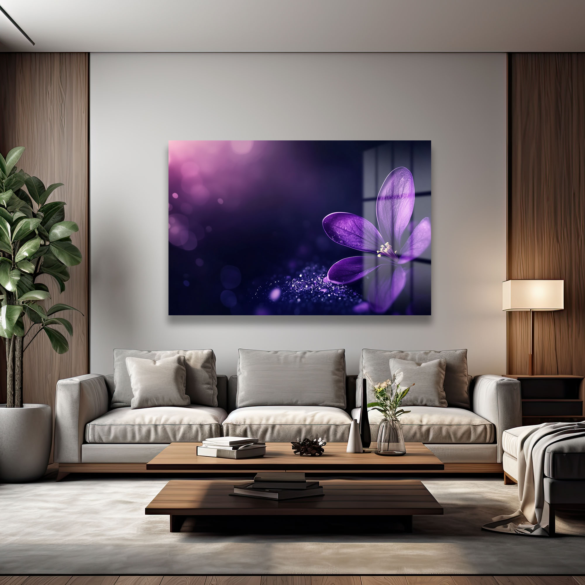 Mor Büyü: Işıltılı Çiçek Temalı Modern Cam Tablo - Glazella Mor Büyü: Işıltılı Çiçek Temalı Modern Cam Tablo - Glazella