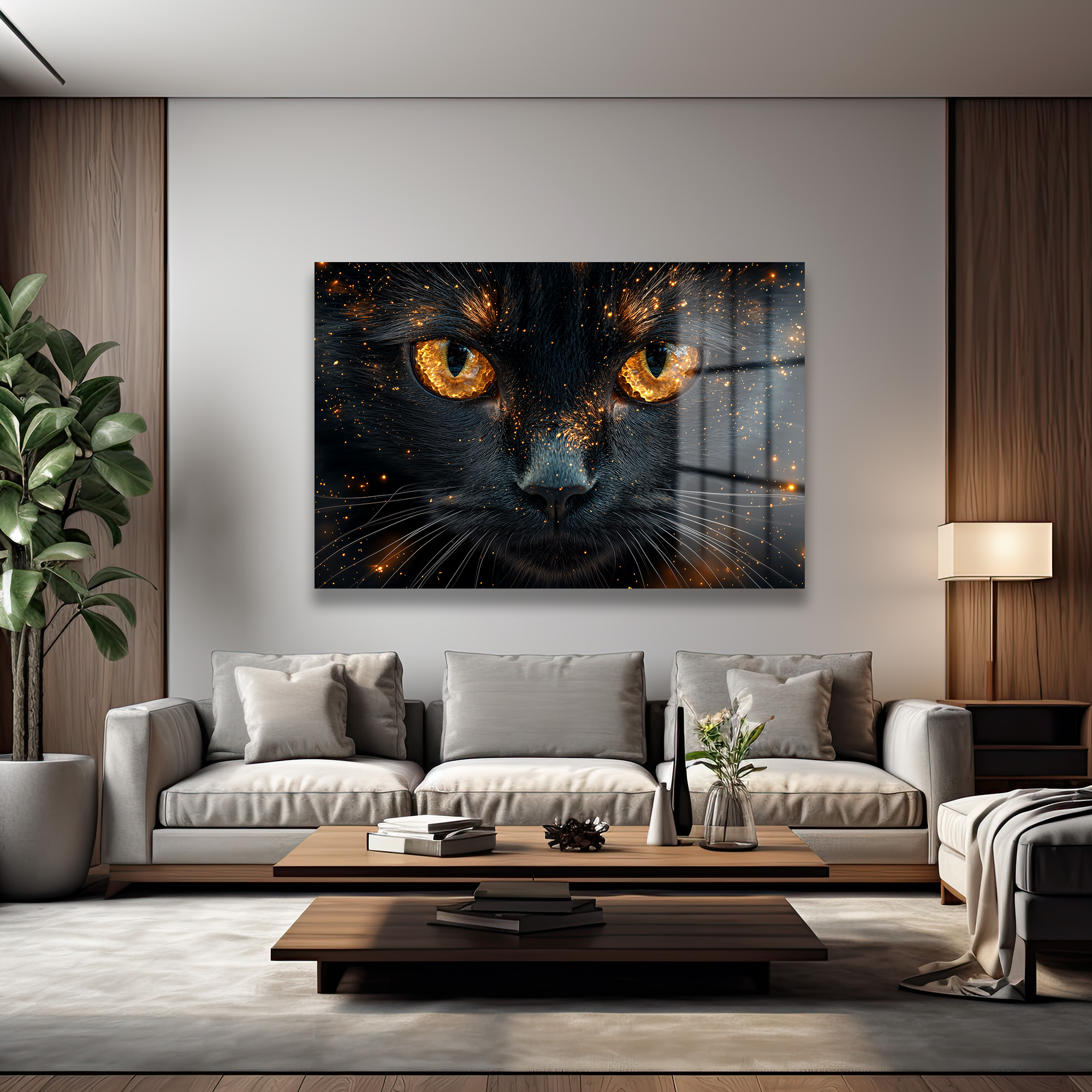 Gizemli Bakışlar: Altın Parıltılı Kara Kedi Temperli Cam Tablo Duvar Dekoru Gizemli Bakışlar: Altın Parıltılı Kara Kedi Temperli Cam Tablo - Görsel 2