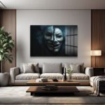 İki Yüzlü Maske: Gizemli Denge Modern Cam Tablo Duvar Dekoru İki Yüzlü Maske: Gizemli Denge Modern Cam Tablo Dekoratif Cam Tablo