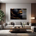 Altın Dudaklar ve Işıltılı Çizgiler: Modern Sanat Temperli Cam Tablo Dekoratif Cam Tablo