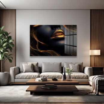 Altın Dudaklar ve Işıltılı Çizgiler: Modern Sanat Temperli Cam Tablo - Glazella
