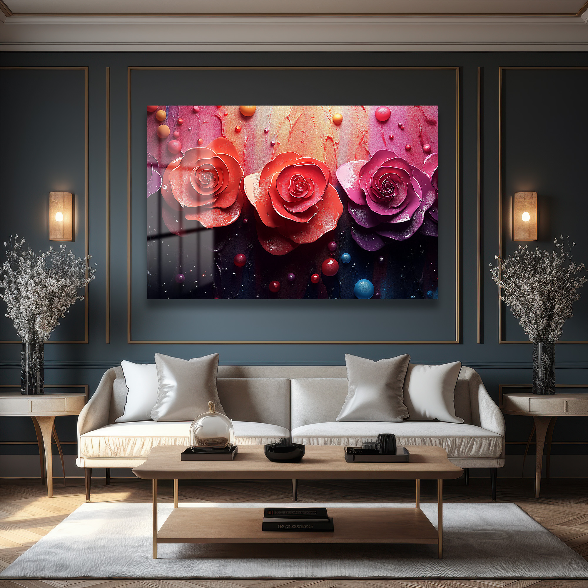 Büyüleyici Güller ve Parıltılar: Modern 3D Efektli Cam Tablo - Glazella Büyüleyici Güller ve Parıltılar: Modern 3D Efektli Cam Tablo - Glazella