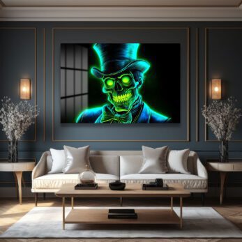 Neon Centilmen: Işıltılı Yeşil İskelet Cam Tablo - Modern Duvar Dekorasyonu - Glazella