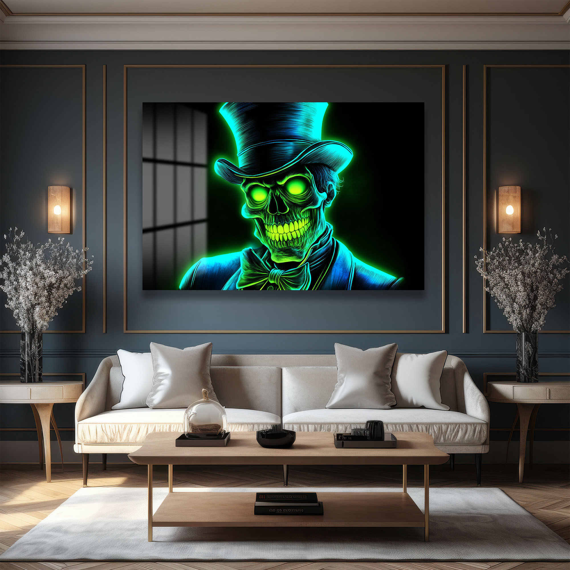 Neon Centilmen: Işıltılı Yeşil İskelet Cam Tablo - Modern Duvar Dekorasyonu - Glazella Neon Centilmen: Işıltılı Yeşil İskelet Cam Tablo - Modern Duvar Dekorasyonu - Glazella