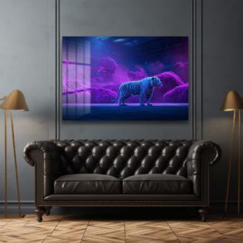 Neon Rüyası: Mor Ormanda Beyaz Kaplan Temperli Cam Tablo - Glazella