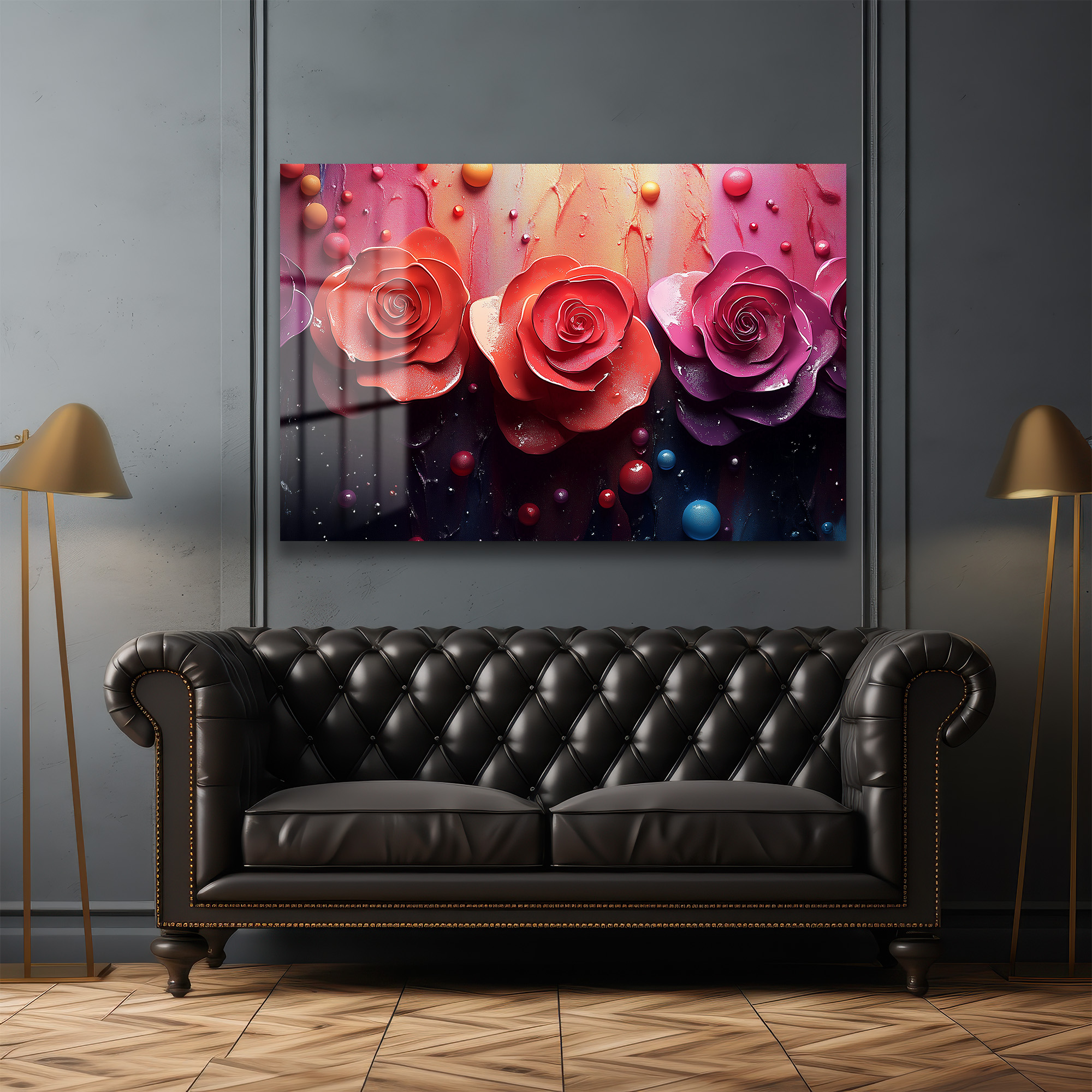 Büyüleyici Güller ve Parıltılar: Modern 3D Efektli Cam Tablo - Glazella Büyüleyici Güller ve Parıltılar: Modern 3D Efektli Cam Tablo - Glazella