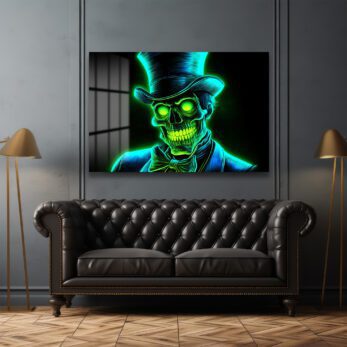 Neon Centilmen: Işıltılı Yeşil İskelet Cam Tablo - Modern Duvar Dekorasyonu - Glazella Neon Centilmen: Işıltılı Yeşil İskelet Cam Tablo - Modern Duvar Dekorasyonu - Glazella