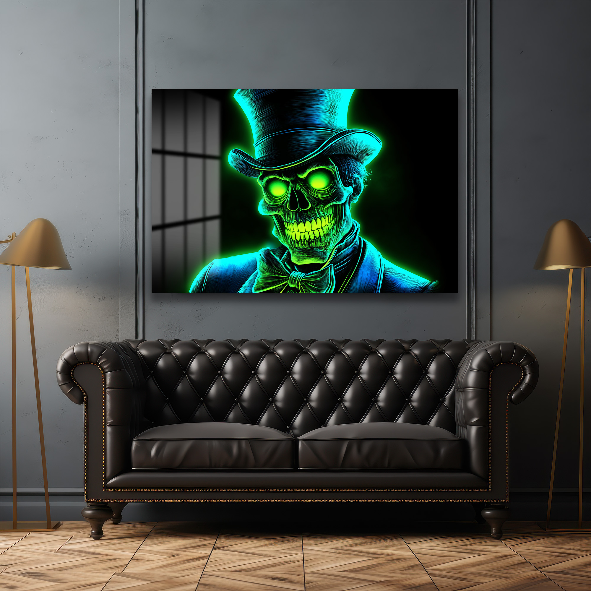 Neon Centilmen: Işıltılı Yeşil İskelet Cam Tablo - Modern Duvar Dekorasyonu - Glazella Neon Centilmen: Işıltılı Yeşil İskelet Cam Tablo - Modern Duvar Dekorasyonu - Glazella