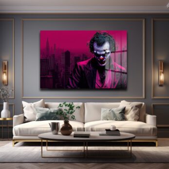 Joker'in Şehri: Koyu Pembe Gotham Temalı Modern Cam Tablo - Glazella Joker'in Şehri: Koyu Pembe Gotham Temalı Modern Cam Tablo - Glazella