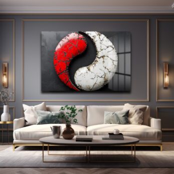 Kırmızı Beyaz Dinamik Denge: Modern Yin Yang Temperli Cam Tablo - Glazella