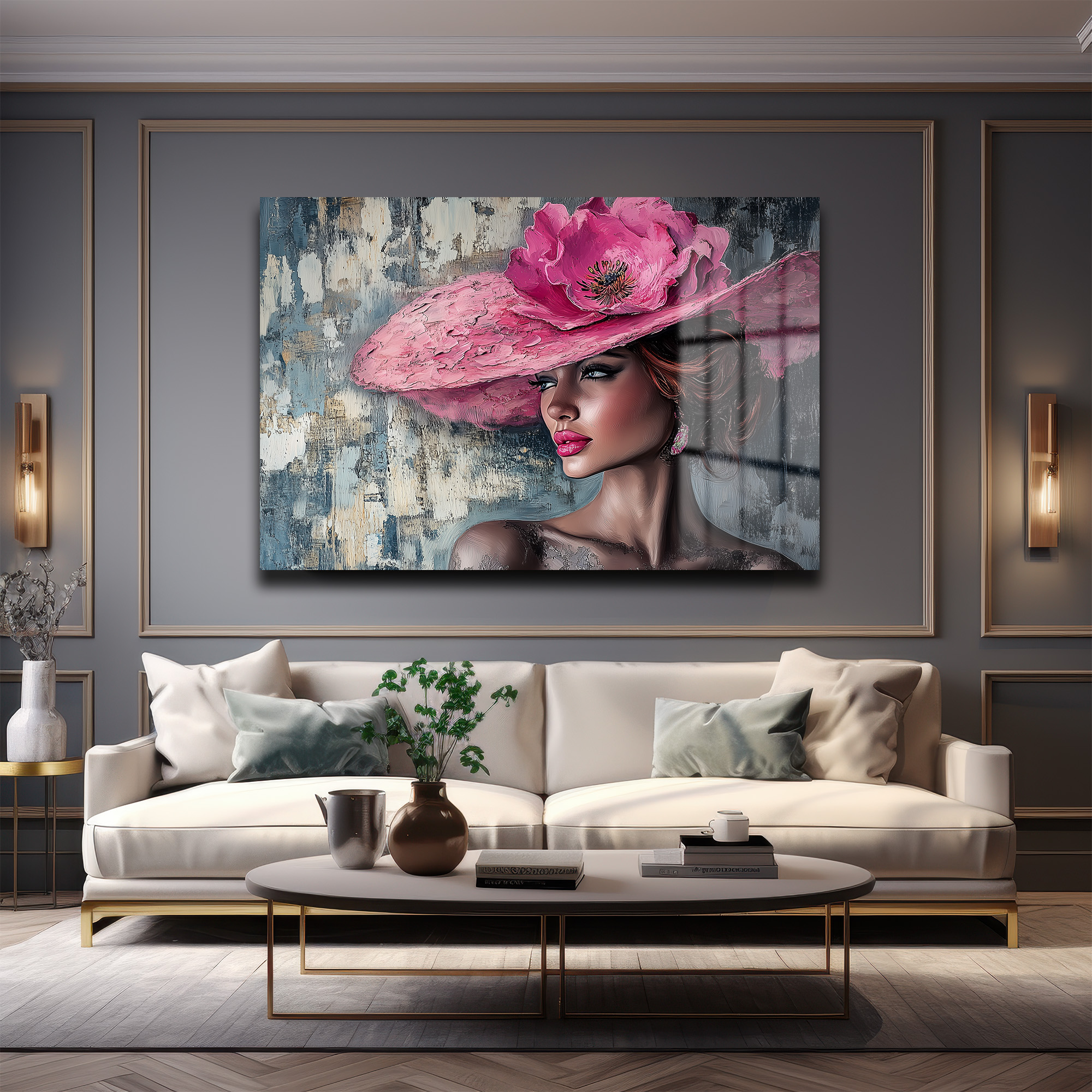 Pembe Şapkalı Zarafet: Büyüleyici Kadın Portresi Modern Cam Tablo - Glazella Pembe Şapkalı Zarafet: Büyüleyici Kadın Portresi Modern Cam Tablo - Glazella