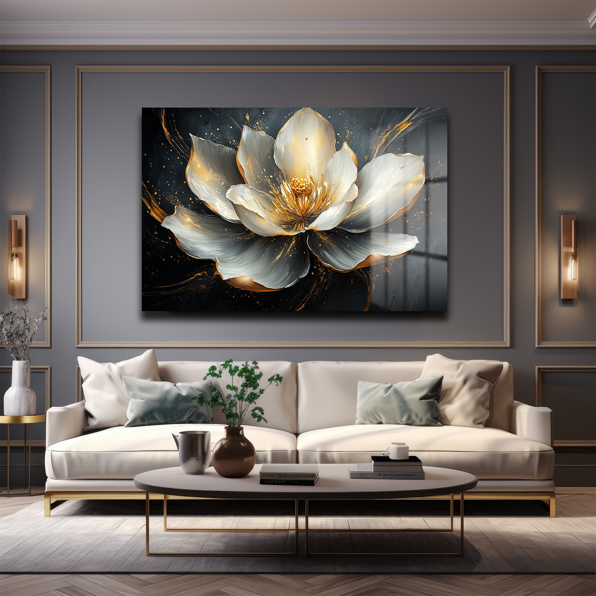 Altın Dokunuşlu Lotus Zarafeti: Modern Lüks Çiçek Cam Tablo - Glazella Altın Dokunuşlu Lotus Zarafeti: Modern Lüks Çiçek Cam Tablo - Glazella