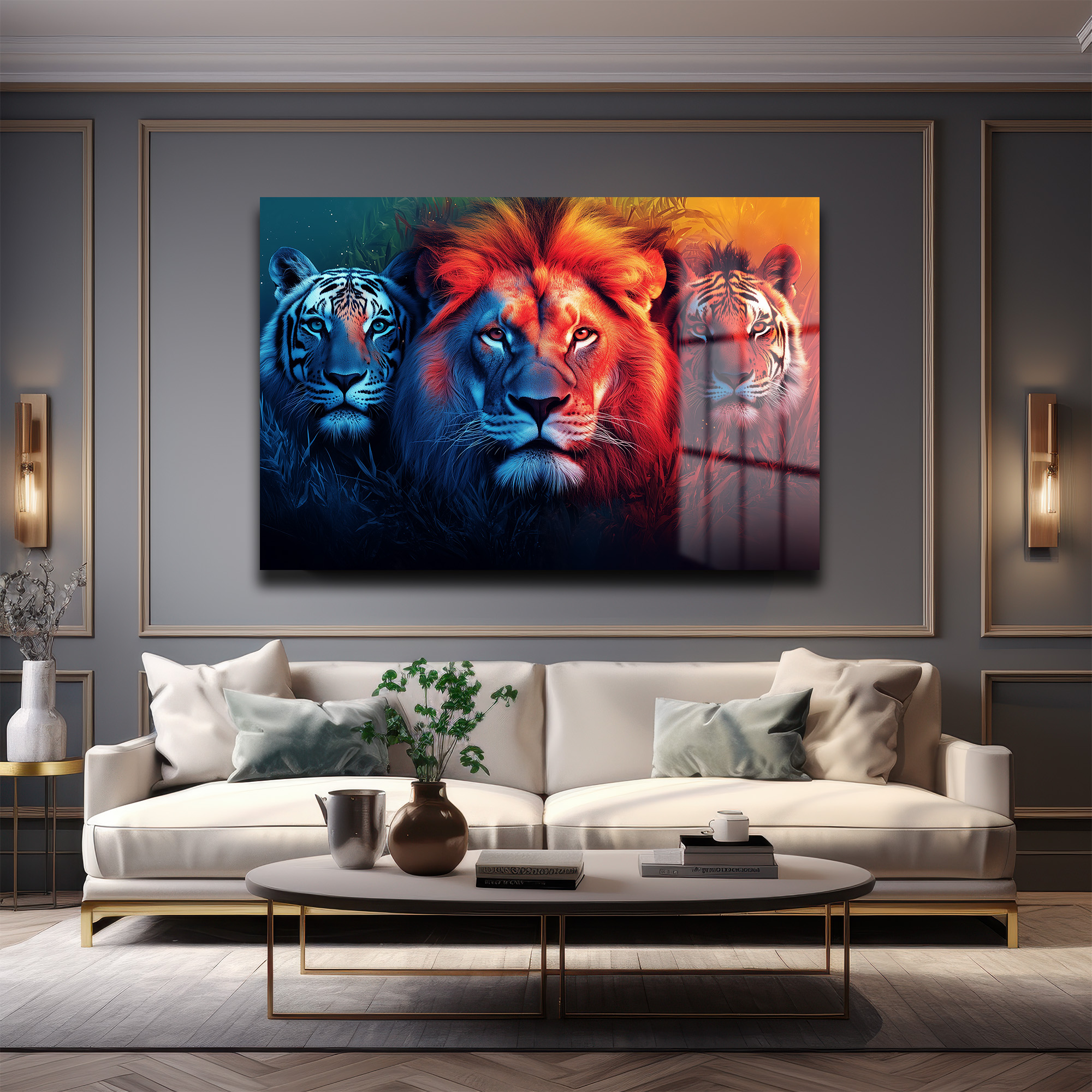 Vahşi Ruhların Dansı: Aslan ve Kaplanlar Temalı Modern Cam Tablo Duvar Dekoru Vahşi Ruhların Dansı: Aslan ve Kaplanlar Temalı Modern Cam Tablo - Görsel 2