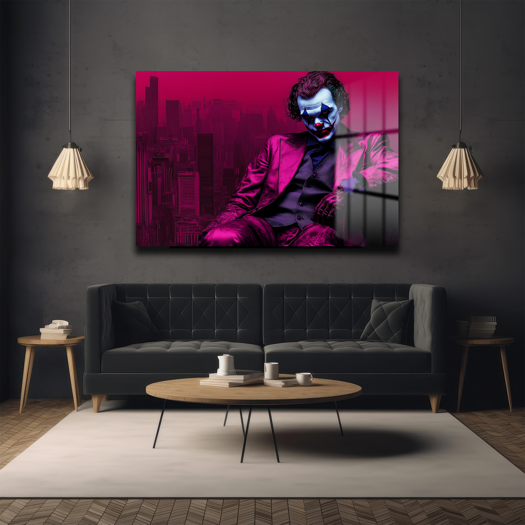 Joker'in Gizemli Dünyası: Pembe Şehirde Modern Temperli Cam Tablo Duvar Dekoru Joker'in Gizemli Dünyası: Pembe Şehirde Modern Temperli Cam Tablo - Görsel 3