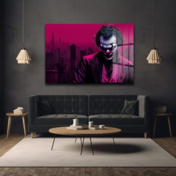 Joker'in Şehri: Koyu Pembe Gotham Temalı Modern Cam Tablo - Glazella Joker'in Şehri: Koyu Pembe Gotham Temalı Modern Cam Tablo - Glazella
