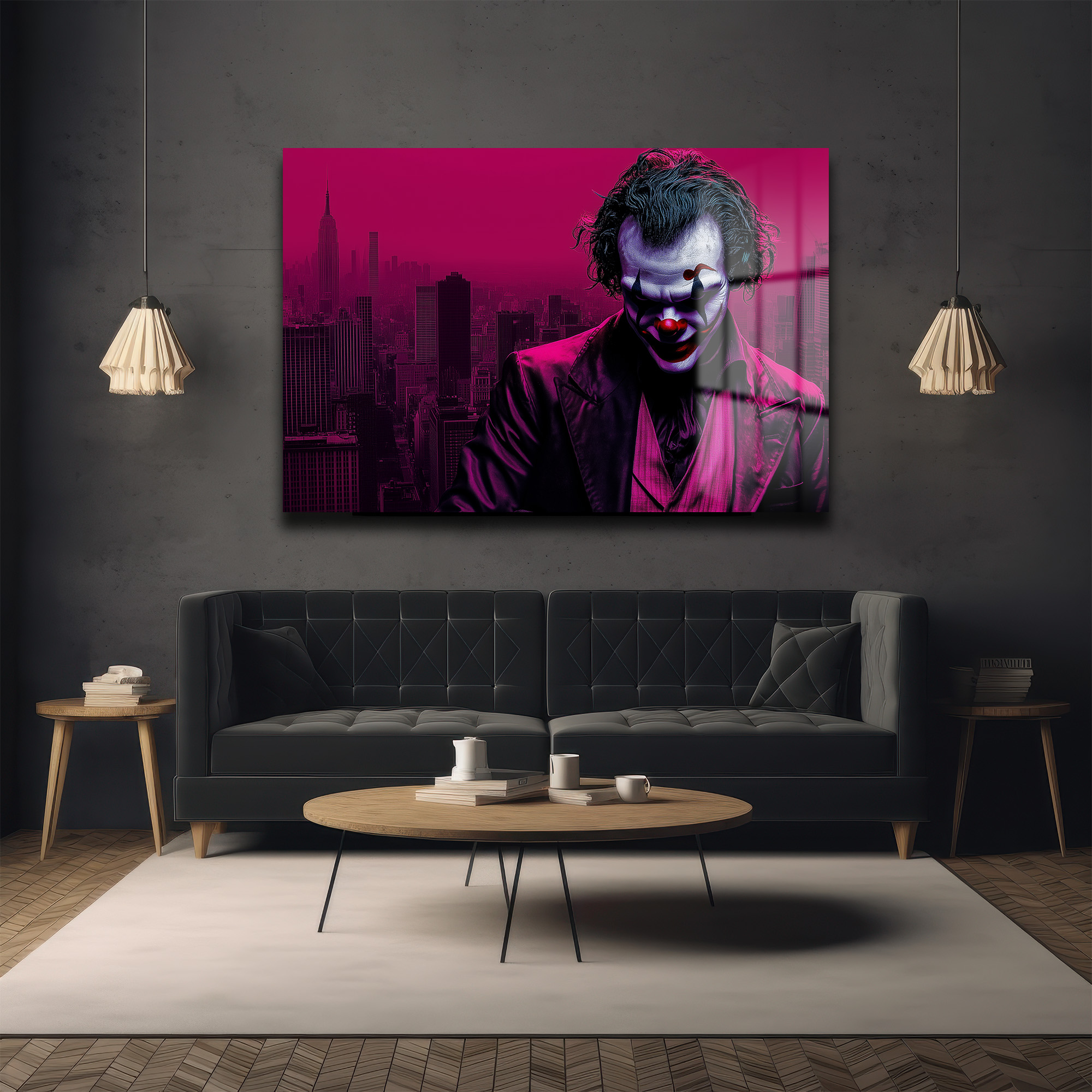 Joker'in Şehri: Koyu Pembe Gotham Temalı Modern Cam Tablo - Glazella Joker'in Şehri: Koyu Pembe Gotham Temalı Modern Cam Tablo - Glazella