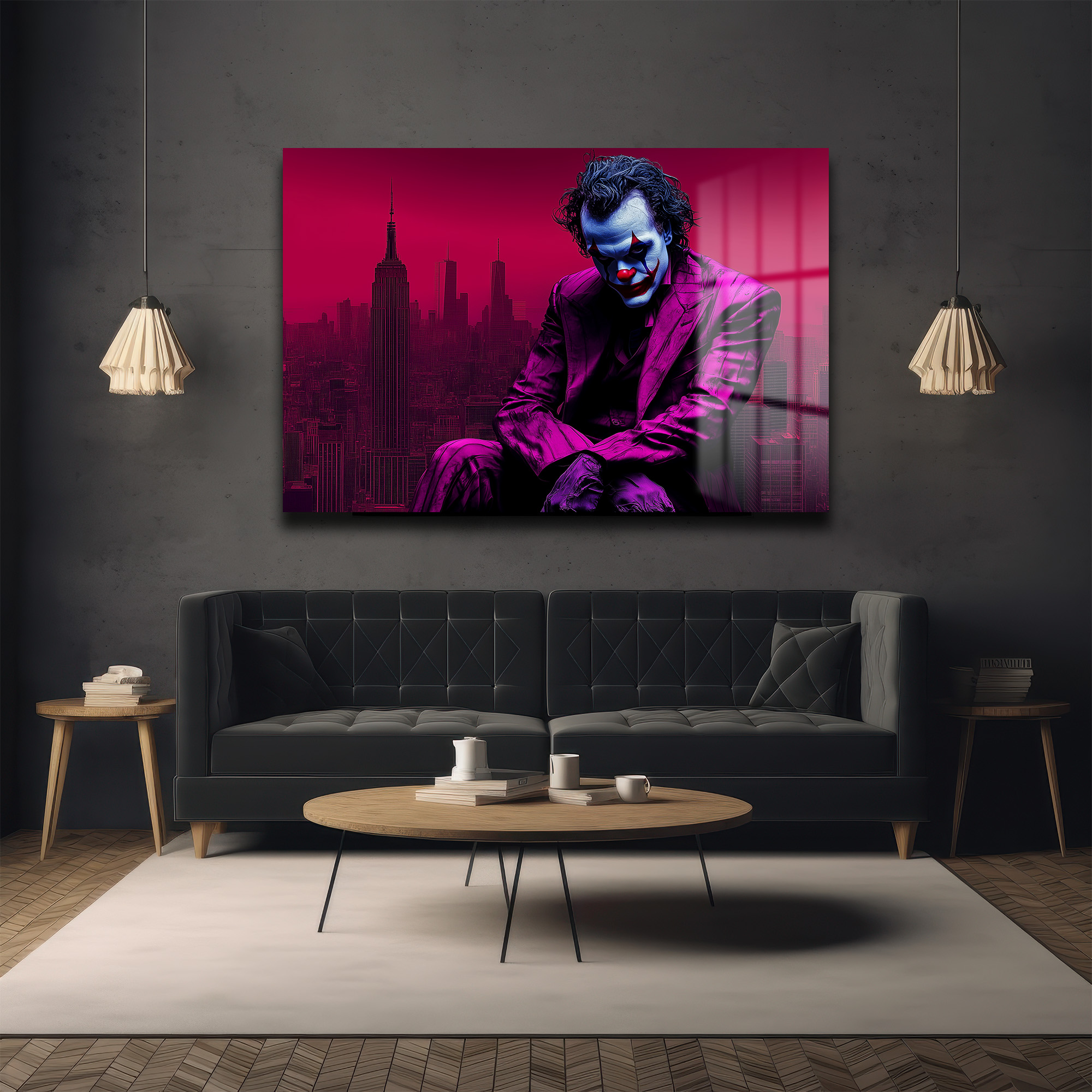 Joker Efsanesi: Gotham Şehri Temalı Sanatsal Cam Tablo - Glazella Joker Efsanesi: Gotham Şehri Temalı Sanatsal Cam Tablo - Glazella