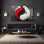 Kırmızı Beyaz Dinamik Denge: Modern Yin Yang Temperli Cam Tablo Duvar Dekoru Kırmızı Beyaz Dinamik Denge: Modern Yin Yang Temperli Cam Tablo Dekoratif Cam Tablo