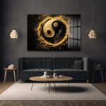 Denge ve Zarafet: Altın Tozlu Yin Yang Cam Tablo Duvar Dekoru Denge ve Zarafet: Altın Tozlu Yin Yang Cam Tablo Dekoratif Cam Tablo