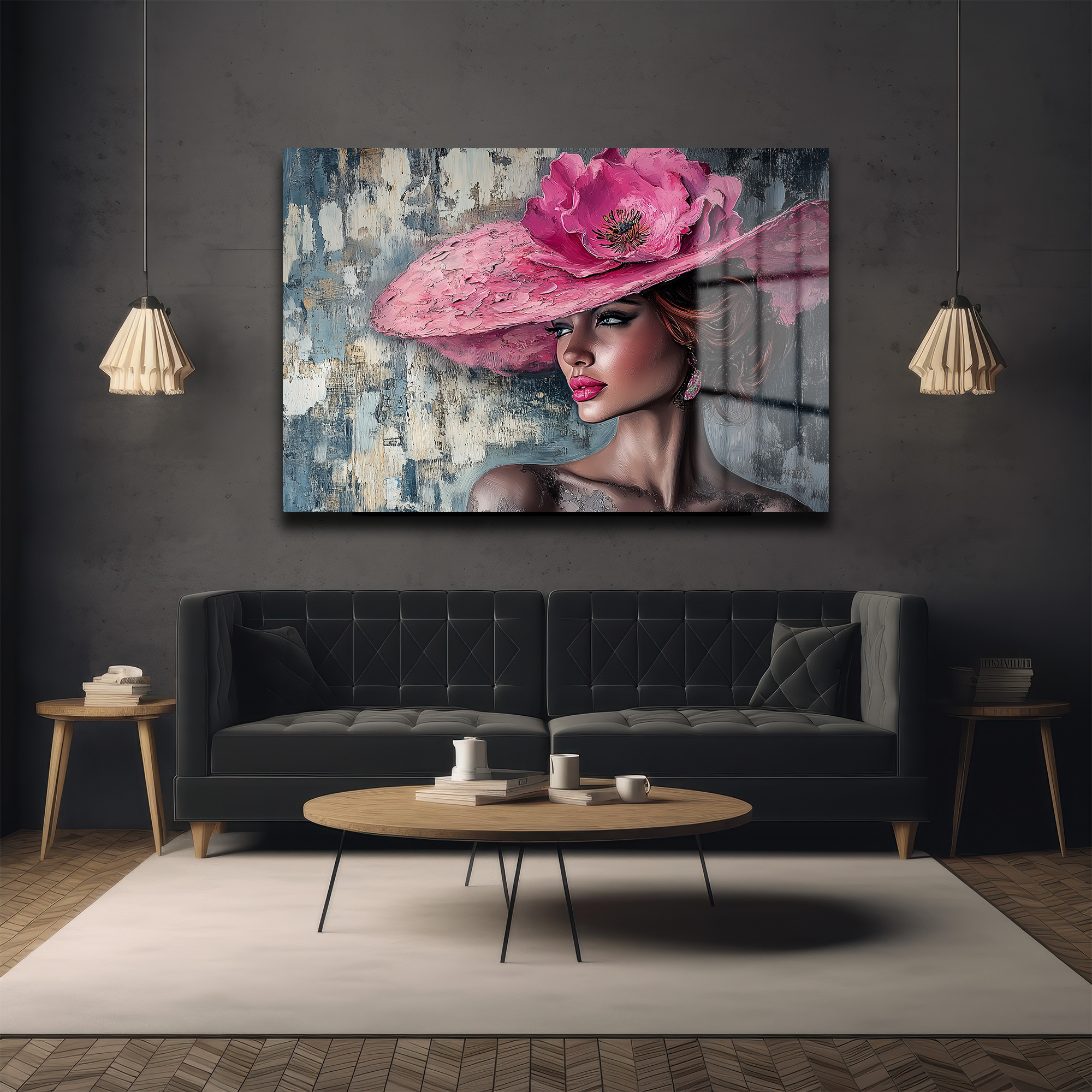Pembe Şapkalı Zarafet: Büyüleyici Kadın Portresi Modern Cam Tablo - Glazella Pembe Şapkalı Zarafet: Büyüleyici Kadın Portresi Modern Cam Tablo - Glazella