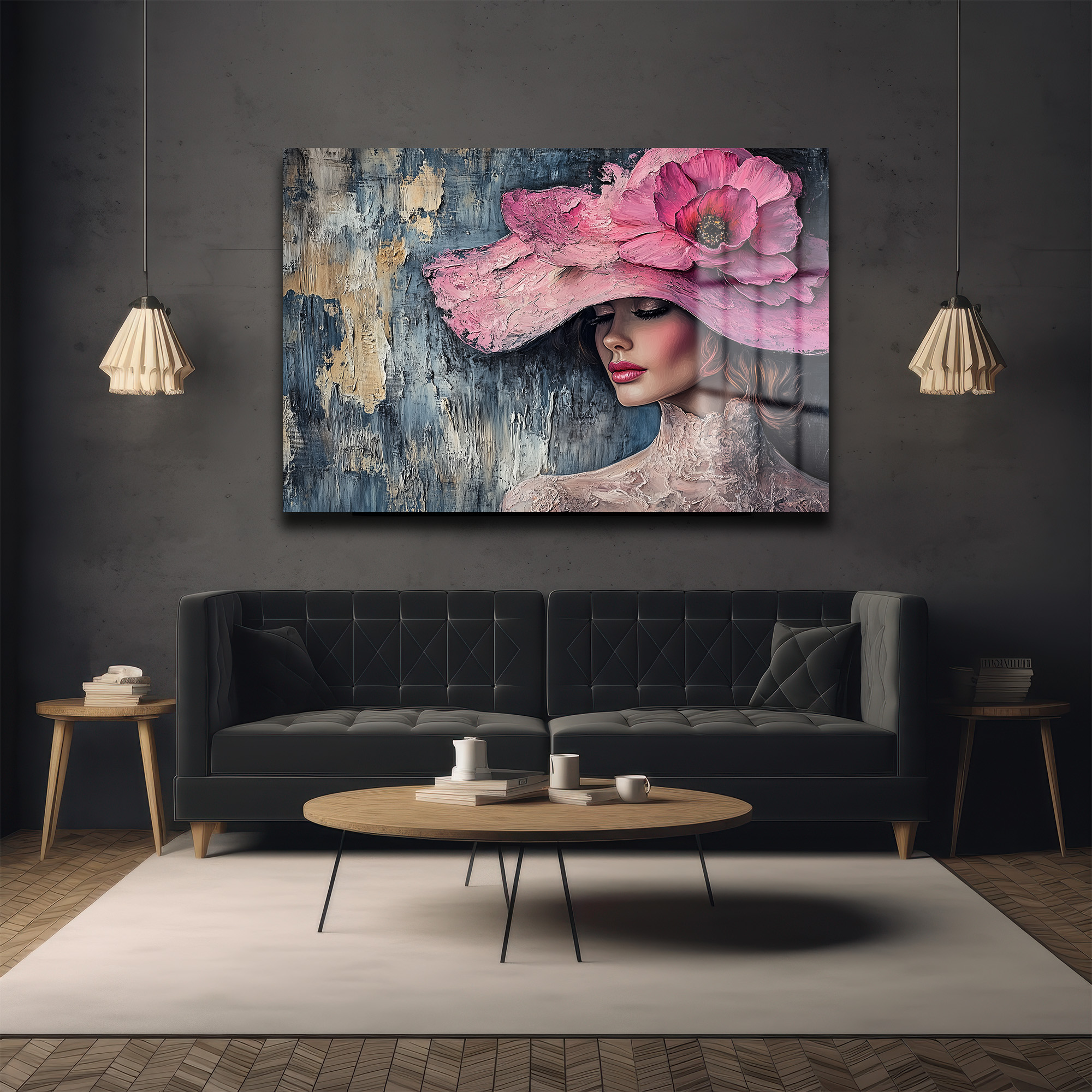 Pembe Şapkalı Zarafet: Modern Portre Temperli Cam Tablo - Glazella Pembe Şapkalı Zarafet: Modern Portre Temperli Cam Tablo - Glazella