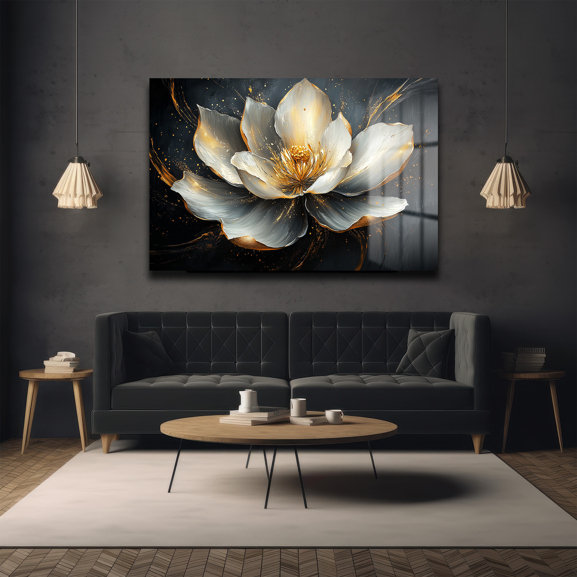Altın Dokunuşlu Lotus Zarafeti: Modern Lüks Çiçek Cam Tablo - Glazella Altın Dokunuşlu Lotus Zarafeti: Modern Lüks Çiçek Cam Tablo - Glazella