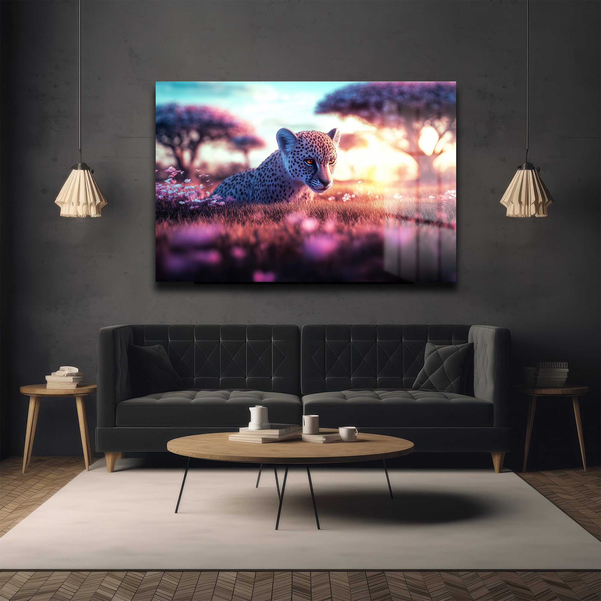 Şafak Vakti Çita Yavrusu: Büyülü Manzara Cam Tablo Duvar Dekoru Şafak Vakti Çita Yavrusu: Büyülü Manzara Cam Tablo - Görsel 3