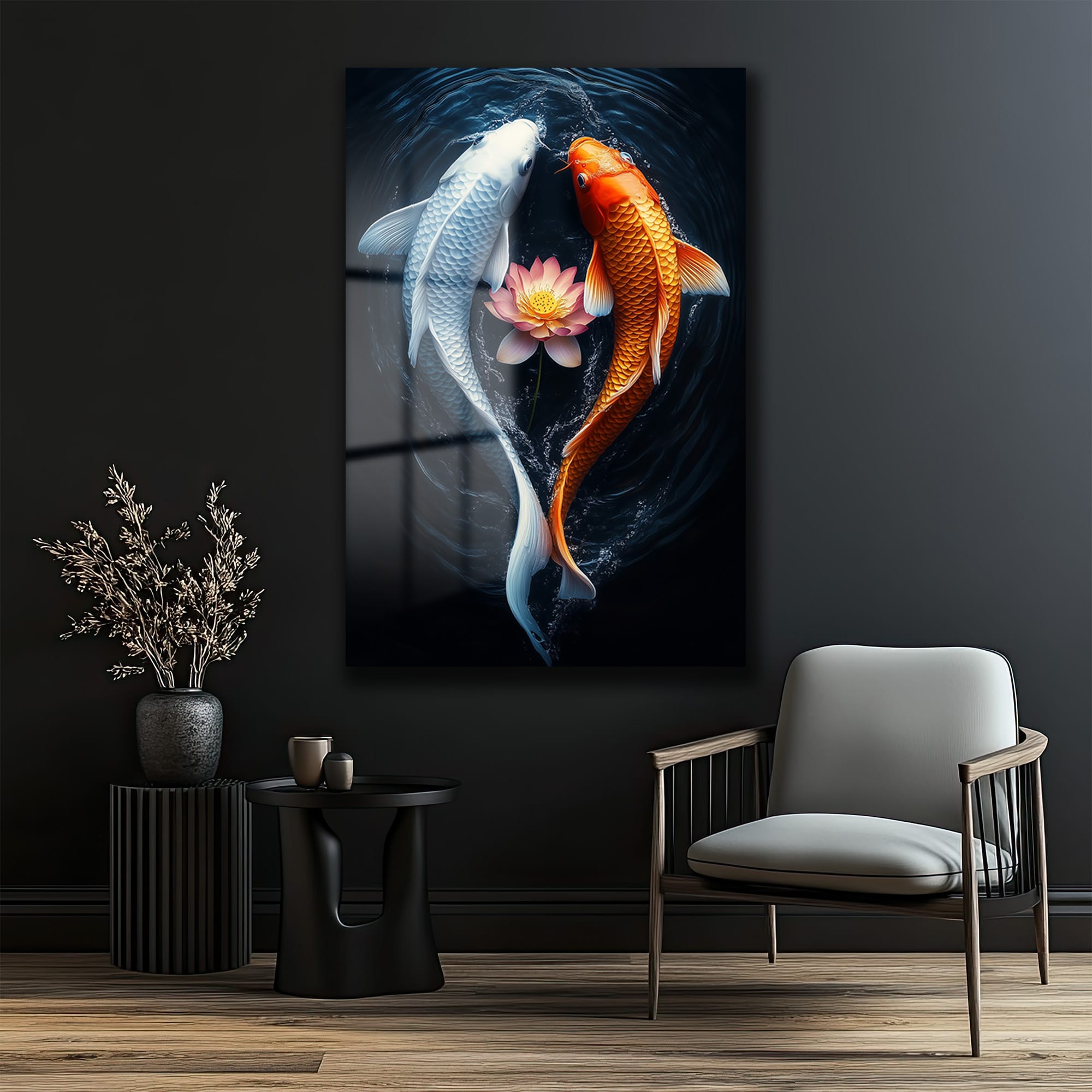 Uyumun Dansı: Koi Balığı ve Lotus Çiçeği Modern Cam Tablo Duvar Dekoru Uyumun Dansı: Koi Balığı ve Lotus Çiçeği Modern Cam Tablo - Görsel 3