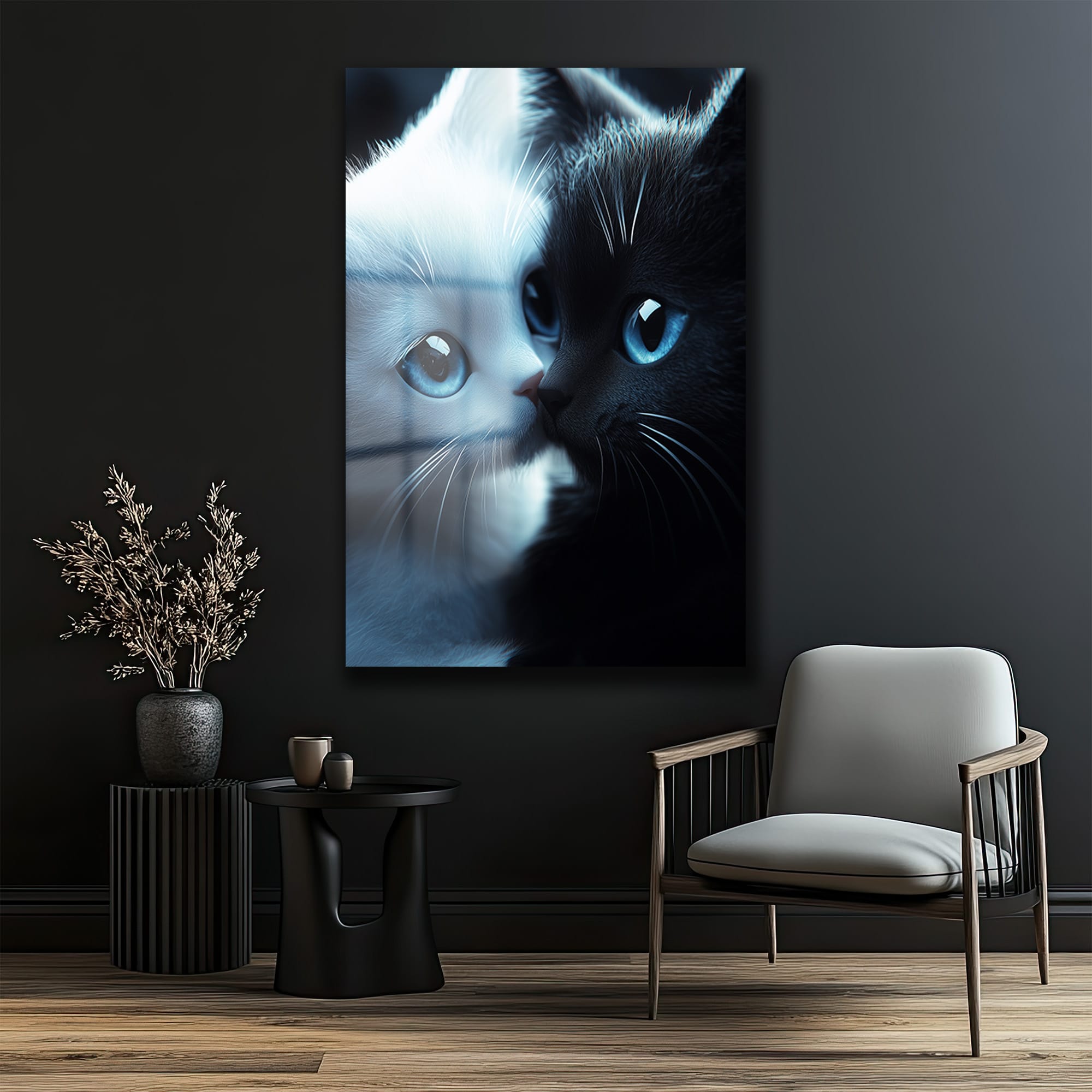 Mavi Gözlerin Gizemi: Beyaz Kedi ve Yansıması Modern Cam Tablo - Glazella Mavi Gözlerin Gizemi: Beyaz Kedi ve Yansıması Modern Cam Tablo - Glazella