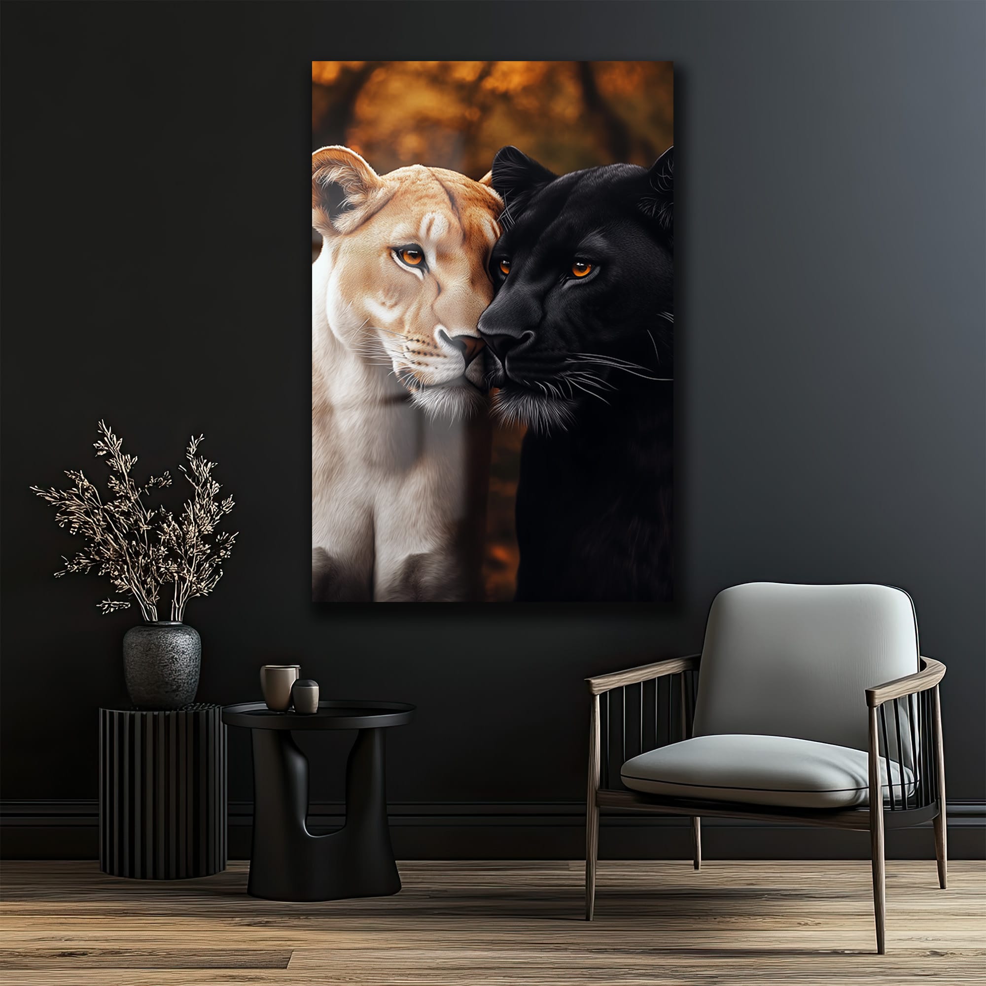 Aslan ve Kara Panterin Büyülü Dansı: Güç ve Uyum Temalı Cam Tablo Duvar Dekoru Aslan ve Kara Panterin Büyülü Dansı: Güç ve Uyum Temalı Cam Tablo - Görsel 3