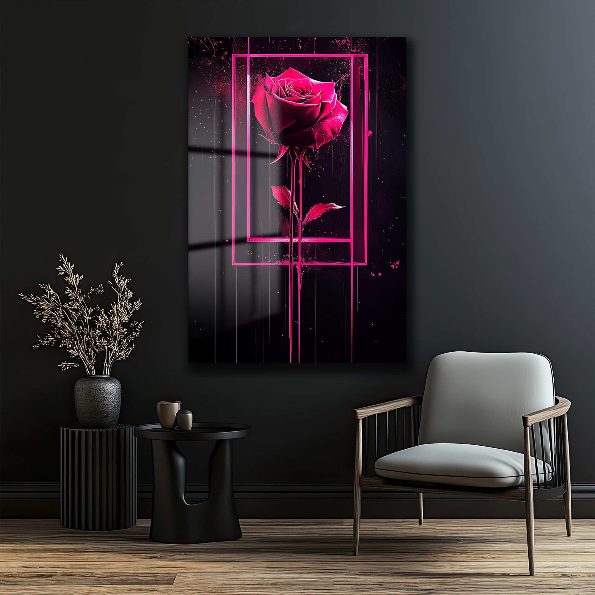 Dramatik Pembe Gül: Neon Çerçeveli Modern Sanat Cam Tablo Duvar Dekoru Dramatik Pembe Gül: Neon Çerçeveli Modern Sanat Cam Tablo - Görsel 3