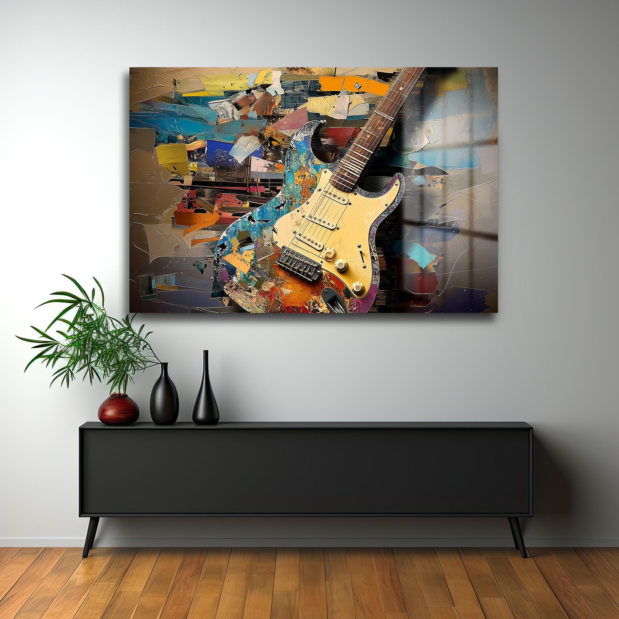 Müzikal Ruh: Soyut Sanat Tarzı Elektro Gitar Cam Tablo Duvar Dekoru Müzikal Ruh: Soyut Sanat Tarzı Elektro Gitar Cam Tablo - Görsel 2