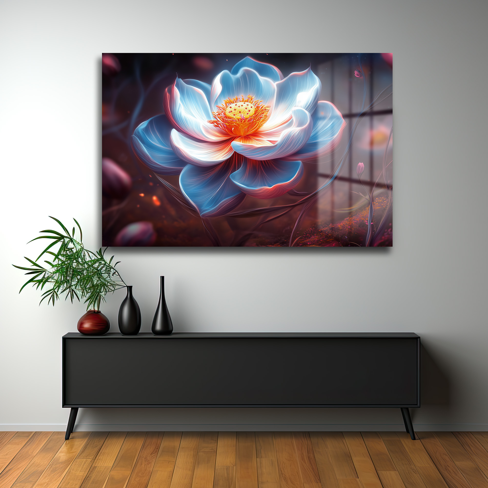 Işıltılı Lotus: Büyüleyici Mavi Tonlarda Modern Cam Tablo Duvar Dekoru Işıltılı Lotus: Büyüleyici Mavi Tonlarda Modern Cam Tablo - Görsel 2