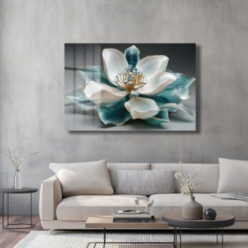 Aqua Lotus Zarafeti: Altın Detaylı Modern Cam Tablo - Glazella
