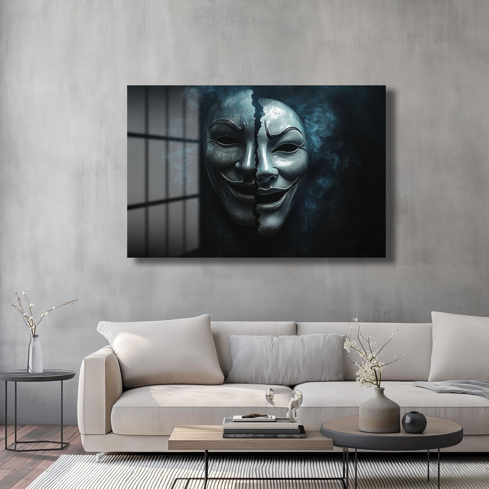 İki Yüzlü Maske: Gizemli Denge Modern Cam Tablo Duvar Dekoru İki Yüzlü Maske: Gizemli Denge Modern Cam Tablo - Görsel 3