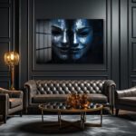 Yüzleşme: Mavi Maskelerin Gizemli Dansı Modern Cam Tablo Duvar Dekoru Yüzleşme: Mavi Maskelerin Gizemli Dansı Modern Cam Tablo Dekoratif Cam Tablo