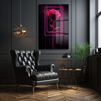 Dramatik Pembe Gül: Neon Çerçeveli Modern Sanat Cam Tablo - Glazella