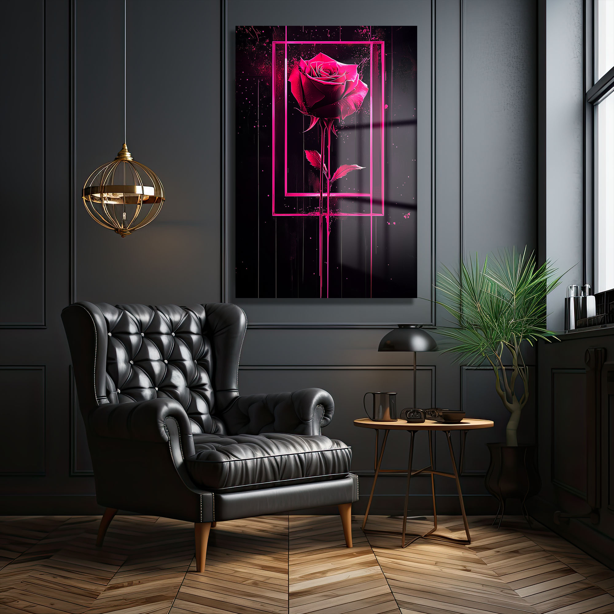 Dramatik Pembe Gül: Neon Çerçeveli Modern Sanat Cam Tablo Duvar Dekoru Dramatik Pembe Gül: Neon Çerçeveli Modern Sanat Cam Tablo - Görsel 2