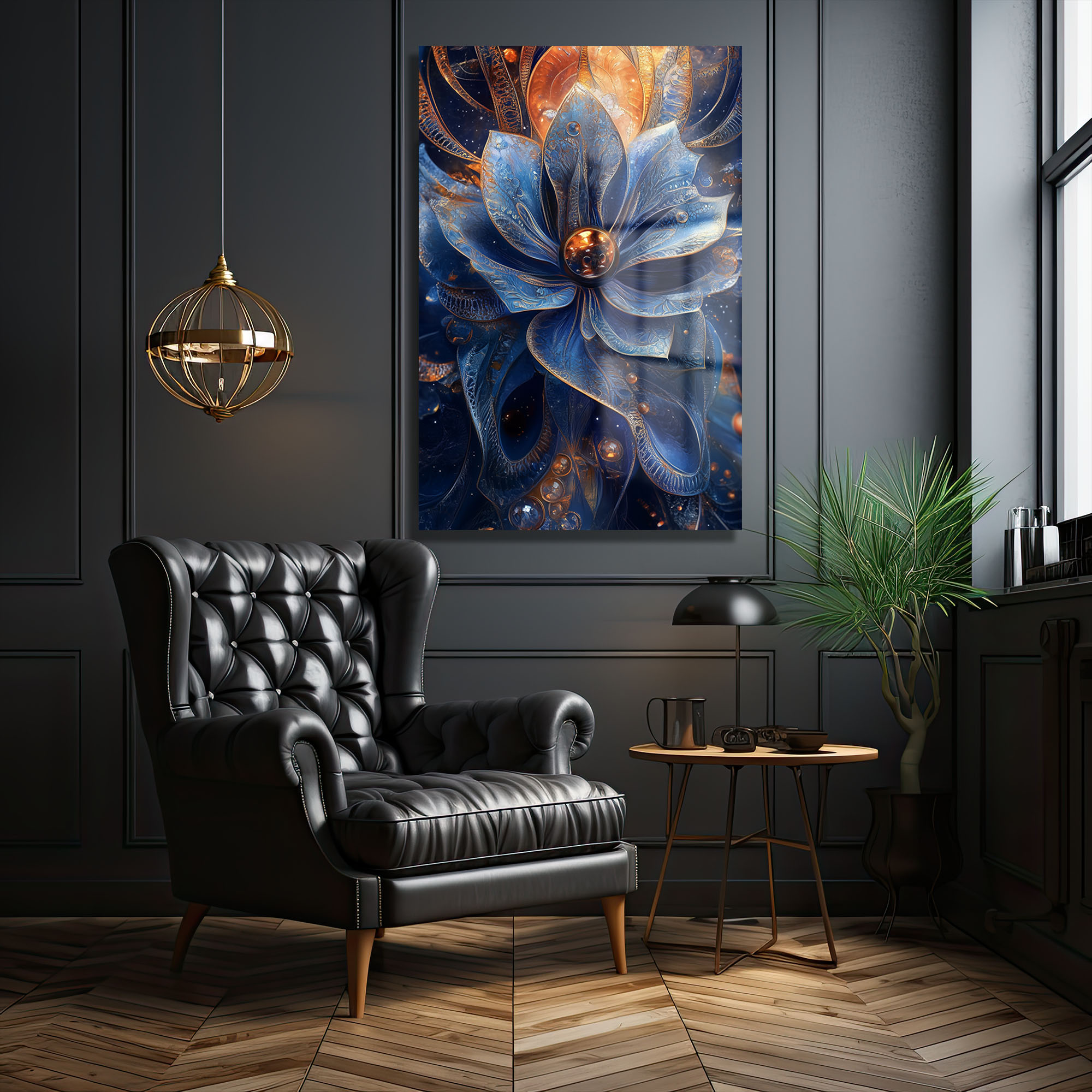 Derin Mavi Lotus: Altın Işıltılı Soyut Temperli Cam Tablo - Glazella Derin Mavi Lotus: Altın Işıltılı Soyut Temperli Cam Tablo - Glazella