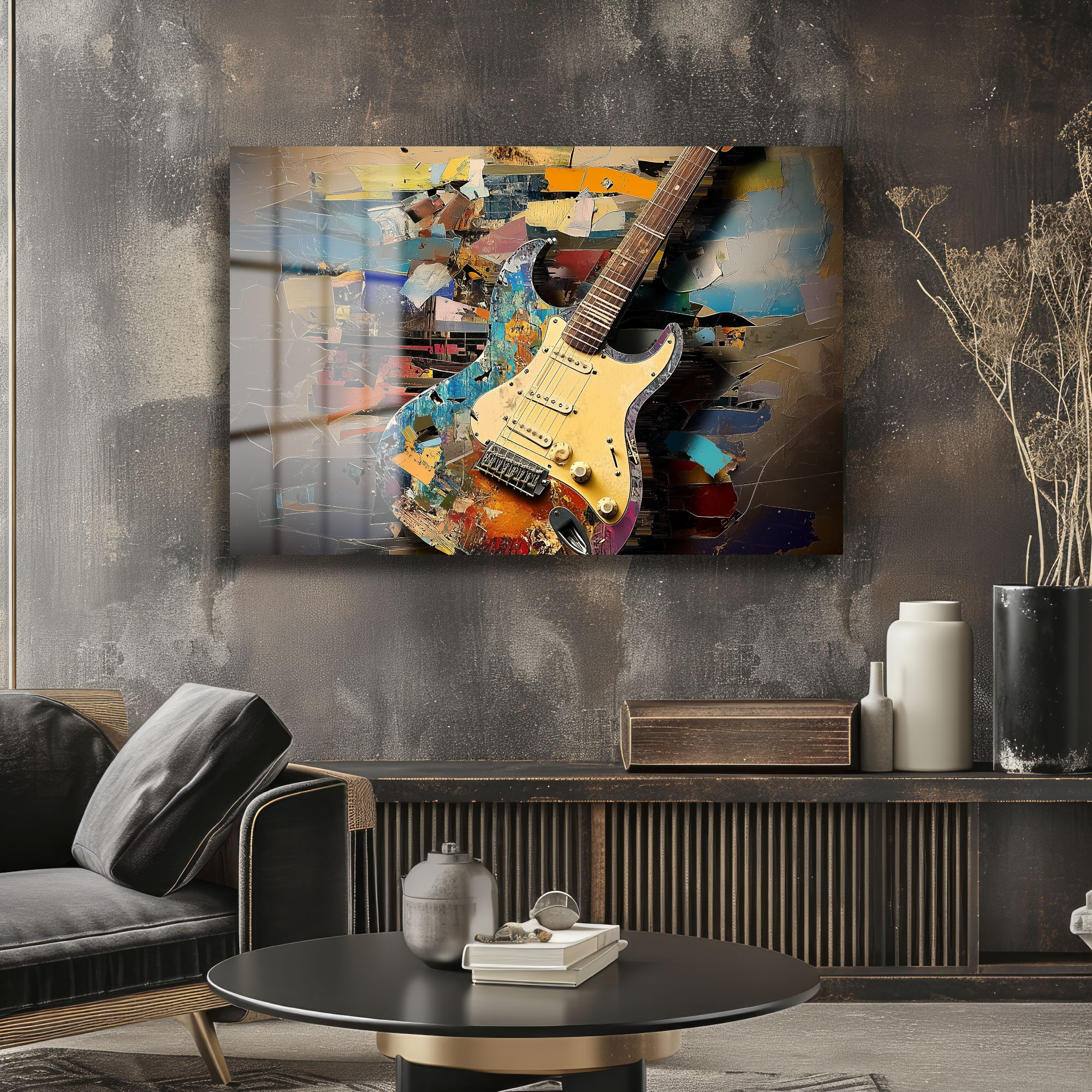 Müzikal Ruh: Soyut Sanat Tarzı Elektro Gitar Cam Tablo Duvar Dekoru Müzikal Ruh: Soyut Sanat Tarzı Elektro Gitar Cam Tablo - Görsel 3