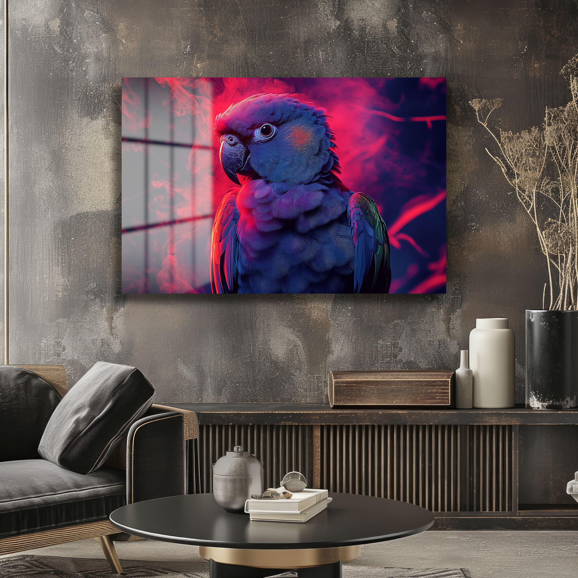 Neon Papağan: Kırmızı Dumanın Dansı ile Modern Cam Tablo Duvar Dekoru Neon Papağan: Kırmızı Dumanın Dansı ile Modern Cam Tablo - Görsel 3