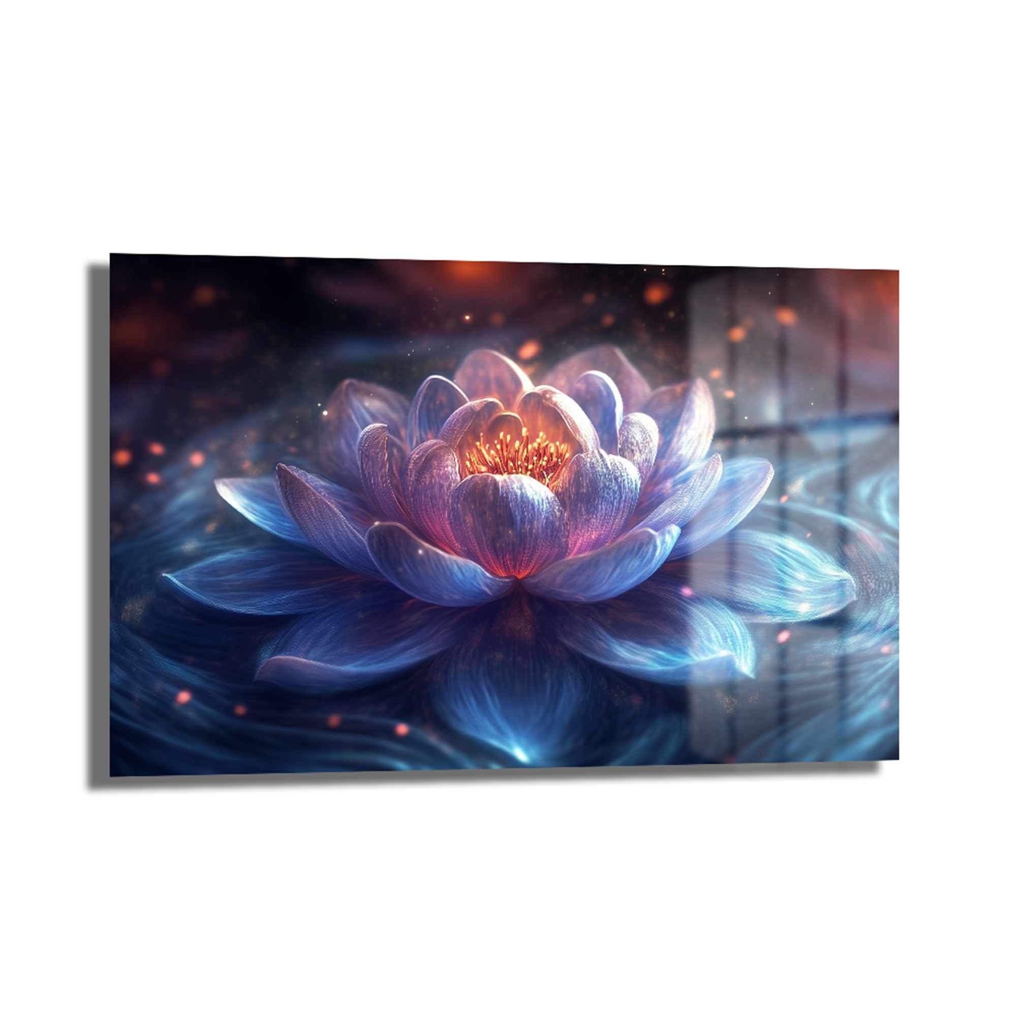 Mistik Lotus Işıltısı: Modern Dekoratif Temperli Cam Tablo Duvar Dekoru Mistik Lotus Işıltısı: Modern Dekoratif Temperli Cam Tablo, dingin sular üzerinde mavi ve mor tonlarında parlayan, kalbinden altın ve turuncu ışıltılar yayan mistik bir lotus çiçeğini gösteriyor.