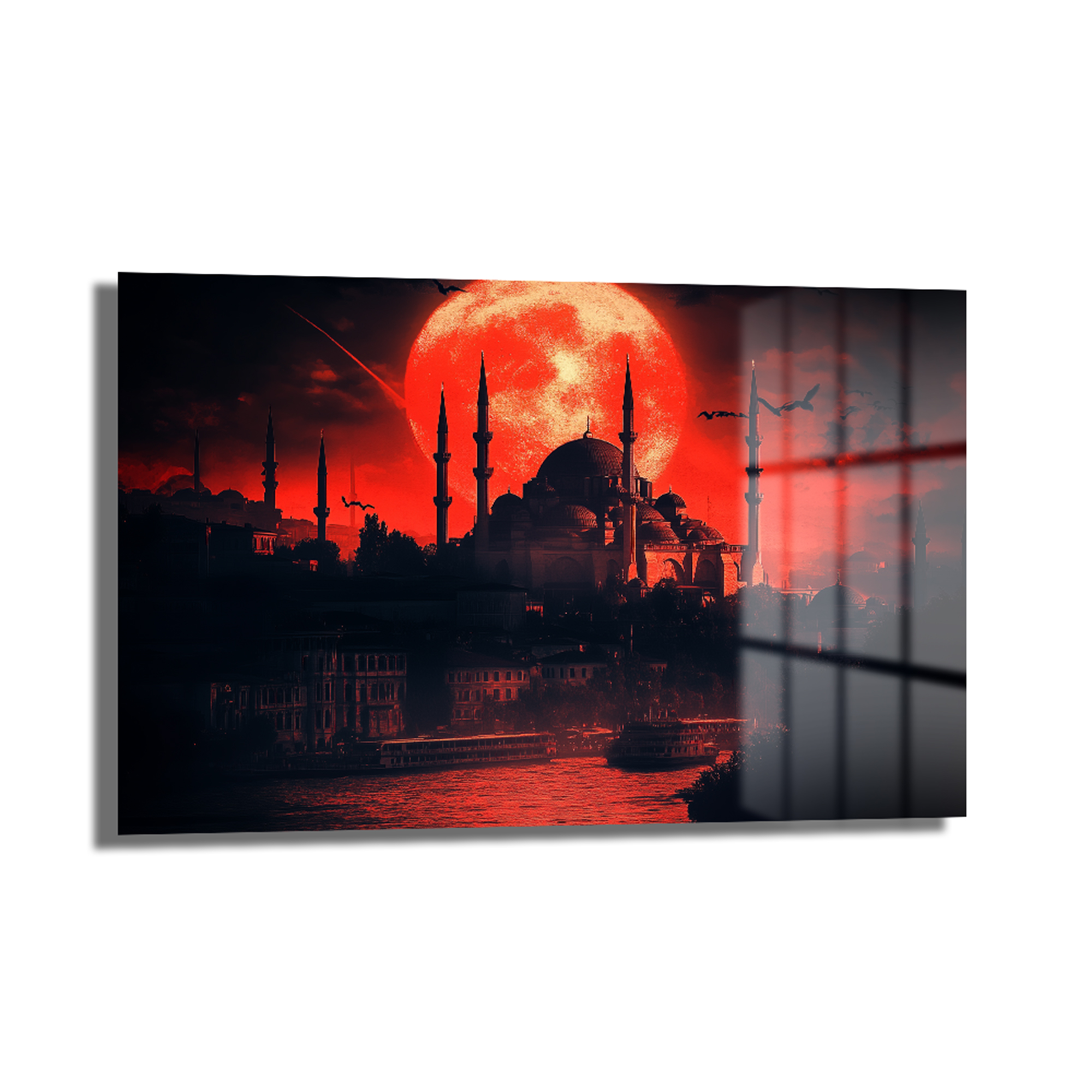 Kızıl Ay İstanbul: Modern Temperli Cam Tablo Duvar Dekoru Kızıl Ay İstanbul: Modern Temperli Cam Tablo, İstanbul silüetini Boğaz ve minarelerle birlikte kızıl bir ayın altında gösteren, modern ve dayanıklı bir duvar dekorasyonu.