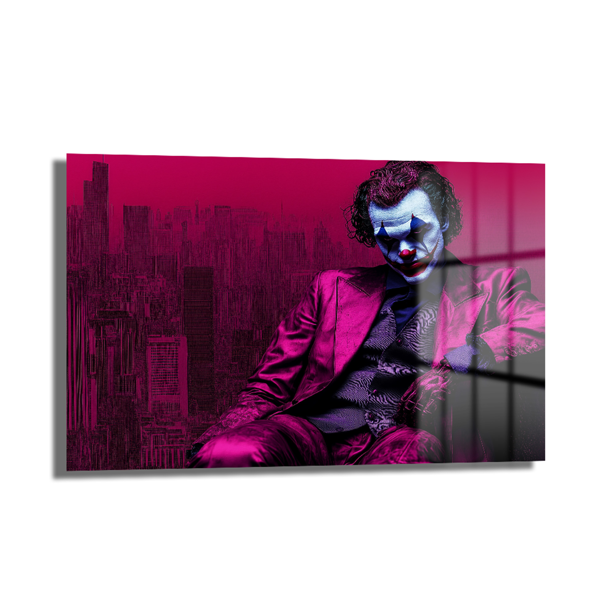 Joker'in Gizemli Dünyası: Pembe Şehirde Modern Temperli Cam Tablo Duvar Dekoru Joker'in Gizemli Dünyası: Pembe Şehirde Modern Temperli Cam Tablo, pembe ve mor tonlarında Gotham temalı, modern tarzda bir duvar dekorasyonudur.