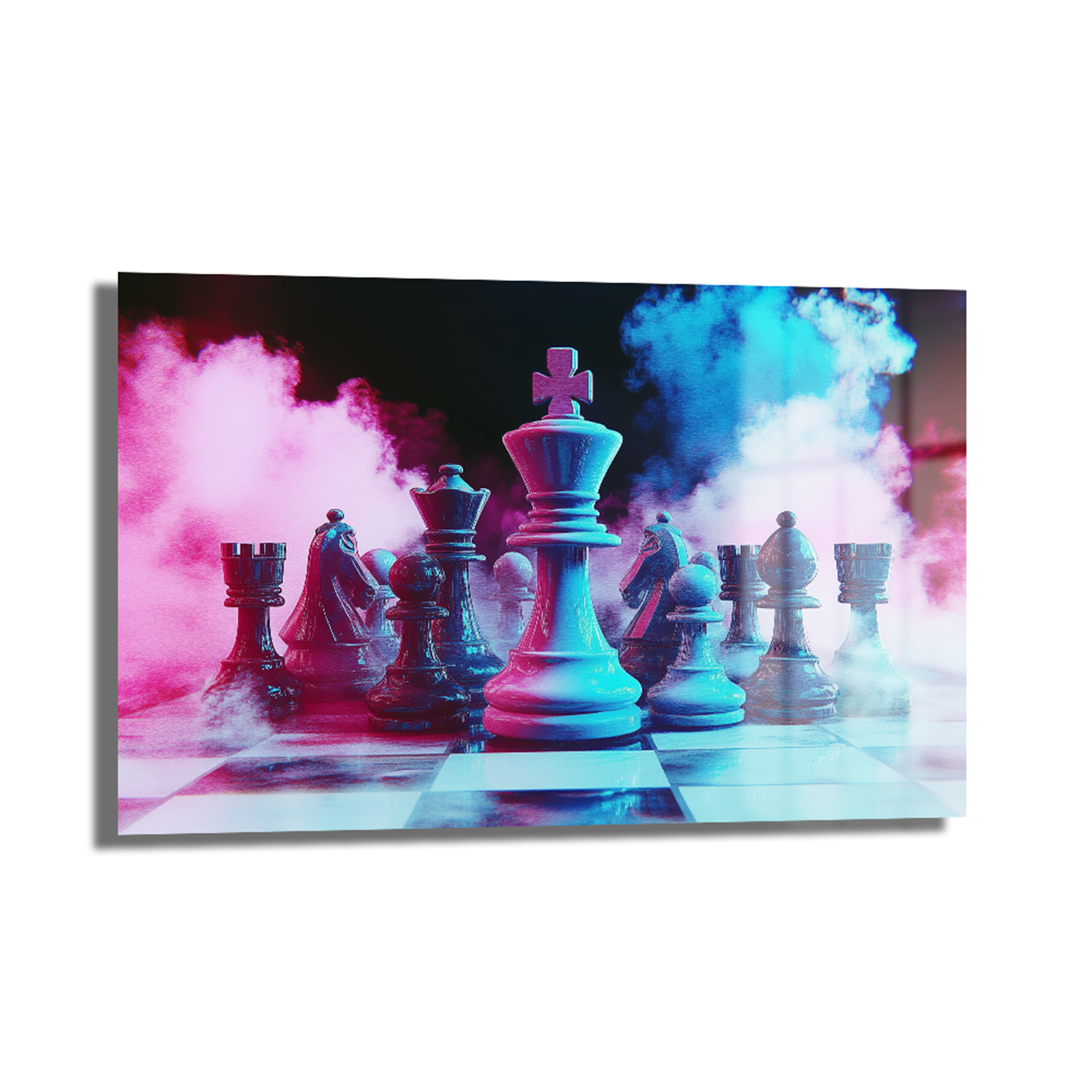 Neon Strateji: Satranç Arenası Dekoratif Cam Tablo Duvar Dekoru Neon Strateji: Satranç Arenası Dekoratif Cam Tablo, neon pembe ve elektrik mavisi dumanlarla çevrili satranç taşlarını gösteren modern ve soyut bir duvar sanatı.