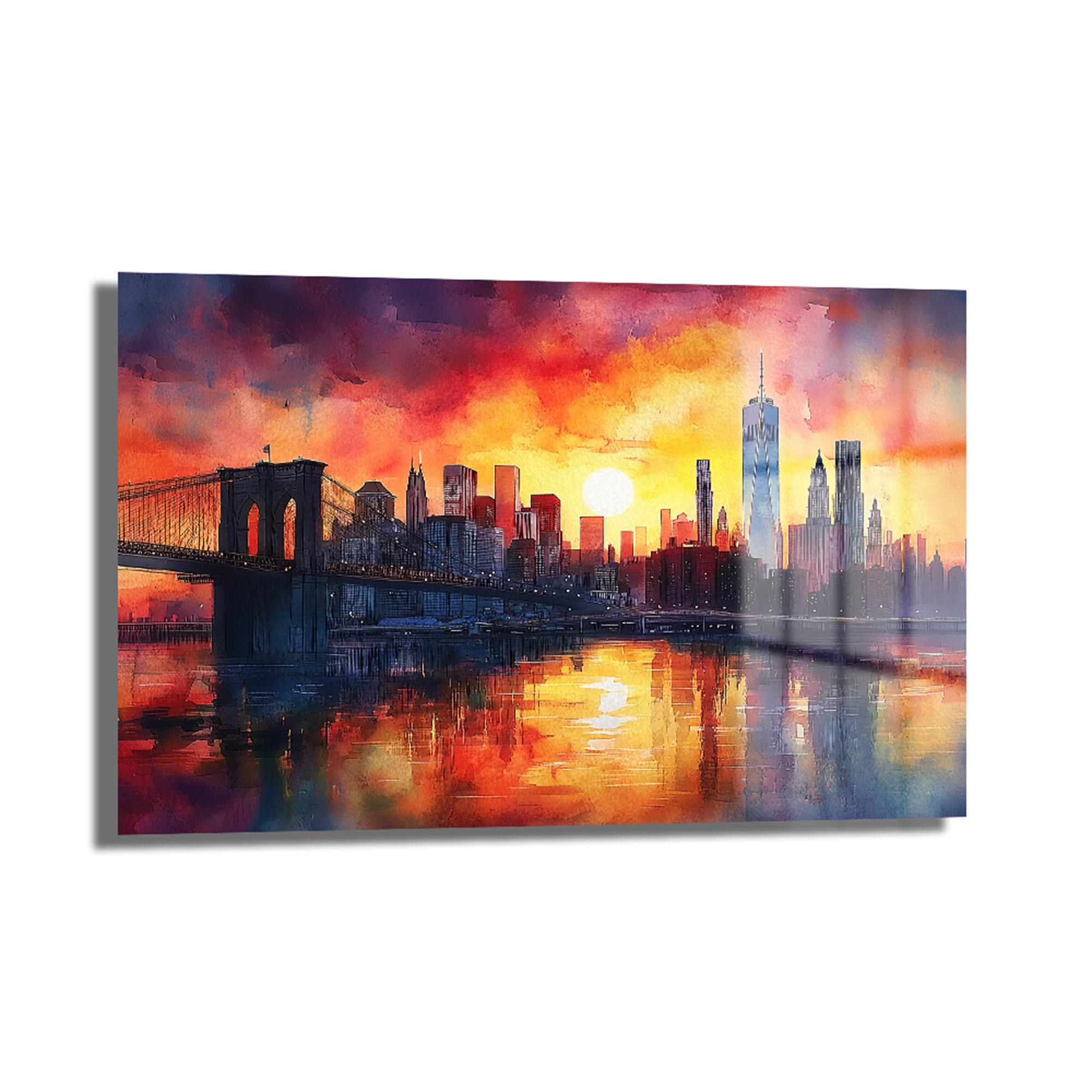 Büyüleyici Gün Batımı: Brooklyn Köprüsü New York Cam Tablo Duvar Dekoru Büyüleyici Gün Batımı: Brooklyn Köprüsü New York Cam Tablo, gün batımının kızıl, turuncu ve mor tonlarında, suluboya efektiyle New York Brooklyn Köprüsü'nü gösteren modern bir duvar sanatı.