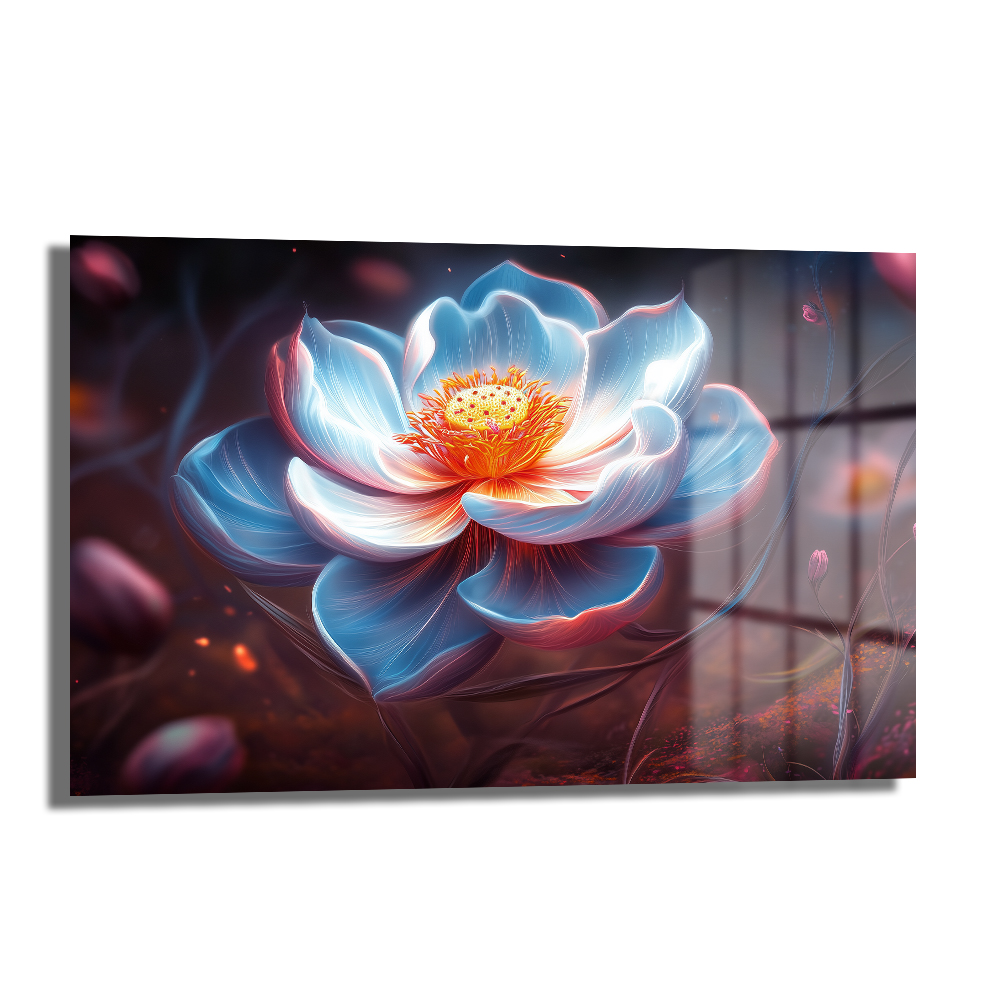 Işıltılı Lotus: Büyüleyici Mavi Tonlarda Modern Cam Tablo Duvar Dekoru Işıltılı Lotus: Büyüleyici Mavi Tonlarda Modern Cam Tablo, mavinin dingin tonlarında, beyaz ve turuncu ışıltılarla bezenmiş, modern lotus çiçeği desenli, 4mm temperli camdan yapılmış dekoratif duvar tablosu.