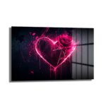 Aşkın Işıltısı: Neon Kalp ve Kızıl Gül Temperli Cam Tablo, karanlık zeminde parlayan neon pembe kalpten yükselen kızıl gülü gösteren modern ve soyut bir duvar sanatı eseridir. Canlı renkleri ve ışık efektleriyle mekanlara estetik bir dokunuş katar.